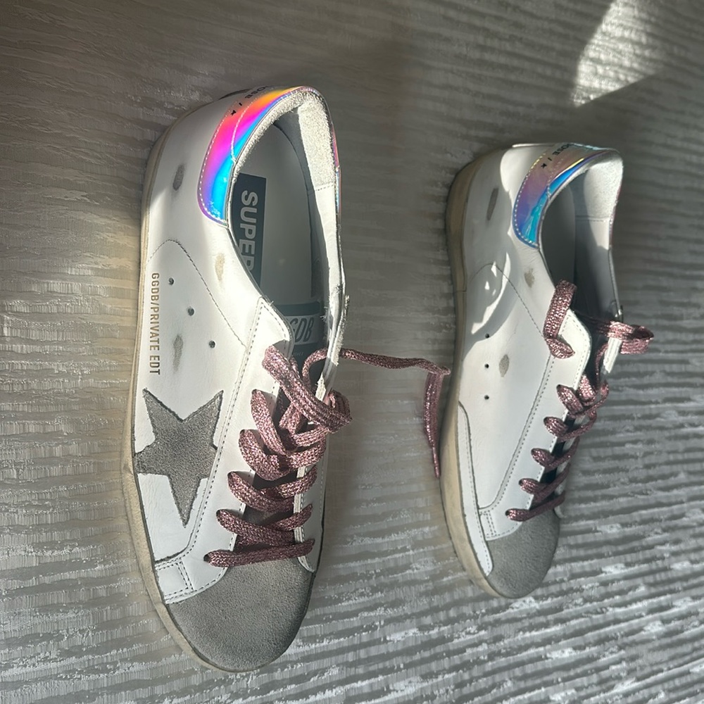 Golden Goose superstar sneakers white leather iridescent